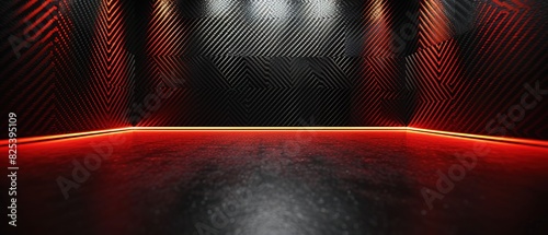 Studio interior with carbon fiber texture. Modern carbon fiber textured red black interior with light. Background for mounting, product placement. Vector background, template, mockup.