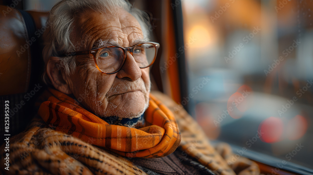 A close-up portrait of an older man with a kind smile, wearing glasses and a patterned scarf, looking out a window. A close-up portrait of an older man with a kind smile, wearing glasses and a patterned scarf, looking out a window.
