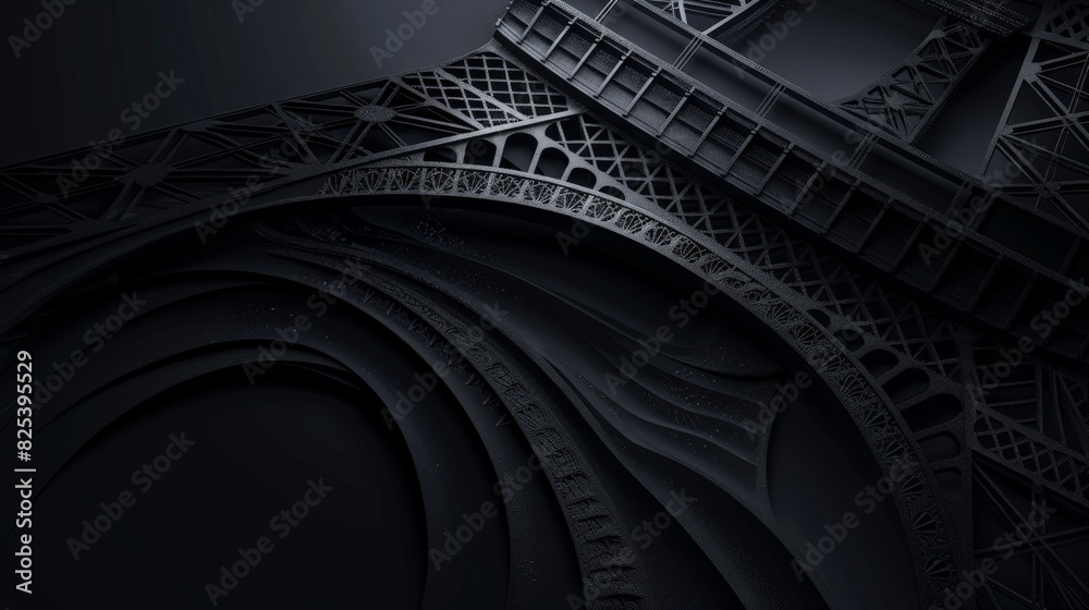 Obraz premium Black and white close-up of the Eiffel Tower in Paris, showcasing intricate details and patterns at night. Background with copy space. 