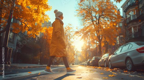 A person walking down a residential street in the early morning, with golden leaves falling from the trees and the sun rising in the background.