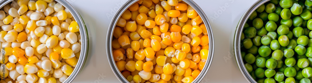 3 different tins of mixed corn and green peas, isolated on white background, top view. 3 different tins of mixed corn and green peas, isolated on white background, top view.