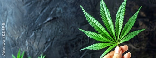 Person holding a fresh cannabis leaf on a dark background, representing natural medicine and alternative treatments.