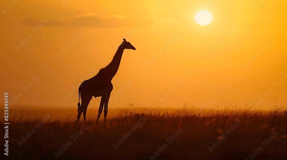 Silhouette of a giraffe standing tall against a vibrant orange sunset in the African savanna. Silhouette of a giraffe standing tall against a vibrant orange sunset in the African savanna.