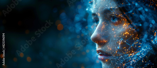 Beautiful girl surrounded by lights, shapes and digital writing. Concept of high technology, relationship between artificial intelligence and human being. #825396194