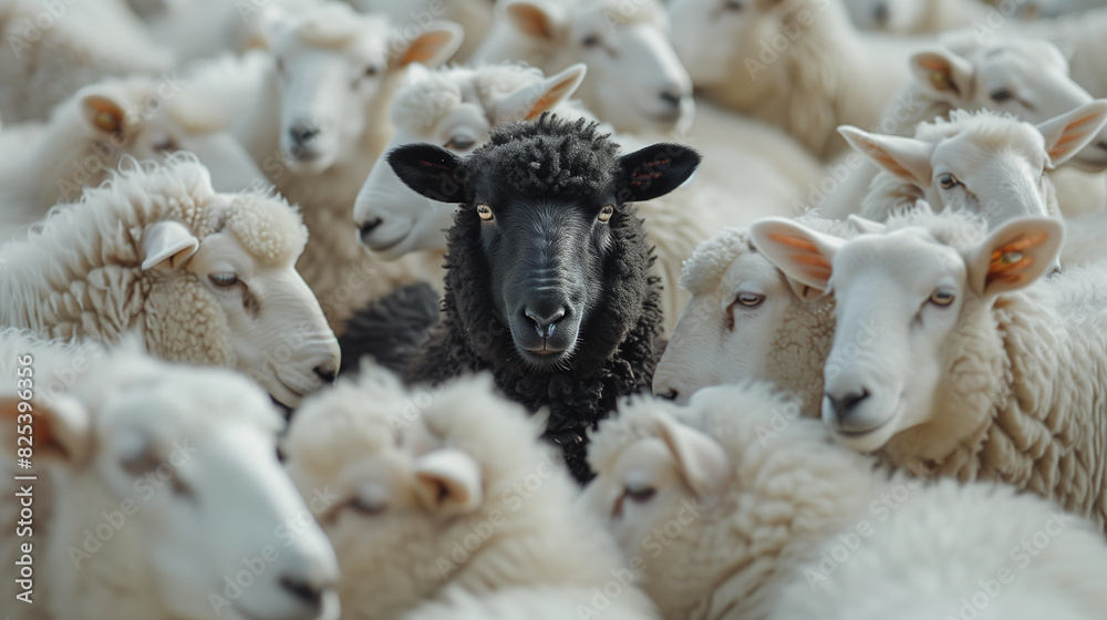 Obraz premium black sheep in the middle of white flock, looking at camera, standing out from crowd concept