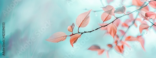 Serene scene of delicate pink leaves on branches against a soft blue background  capturing the tranquil beauty of nature.