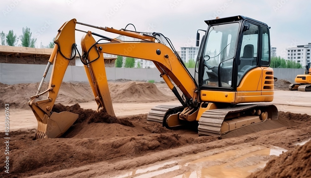 Backhoe working by digging soil at construction site. Crawler excavator digging on soil. Excavating machine. Earth moving equipment generative ai Backhoe working by digging soil at construction site. Crawler excavator digging on soil. Excavating machine. Earth moving equipment generative ai
