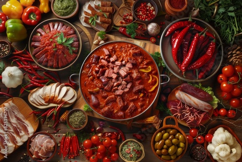 Top view of a homemade chili pot surrounded by an array of deli meats, fresh herbs, and vegetables