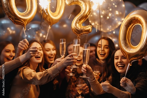 New Years Celebration with Friends Clinking Champagne Glasses and Shimmering Gold Balloons, a joyful party full of togetherness, excitement, laughter, and happiness in a festive atmosphere