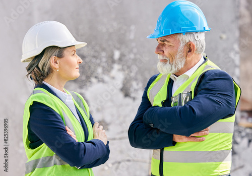 Mature, engineers and arms crossed on construction site with team of foreman or supervisor in vest. Manager, boss and criticism for employee with helmet, architect or city planner with collaboration.