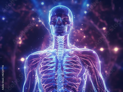Digital visualization of the human skeletal system with neural connections, glowing in vibrant colors representing biology and medicine.