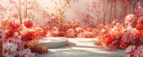 An exclusive beauty product displayed on a circular stand  against a studio backdrop infused with abstract spring and summer flowers. The floral 3D effects enhance the products premium nature.