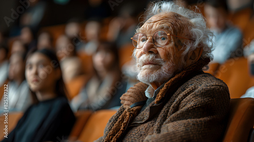 A man in a brown jacket laughs while sitting in an auditorium.