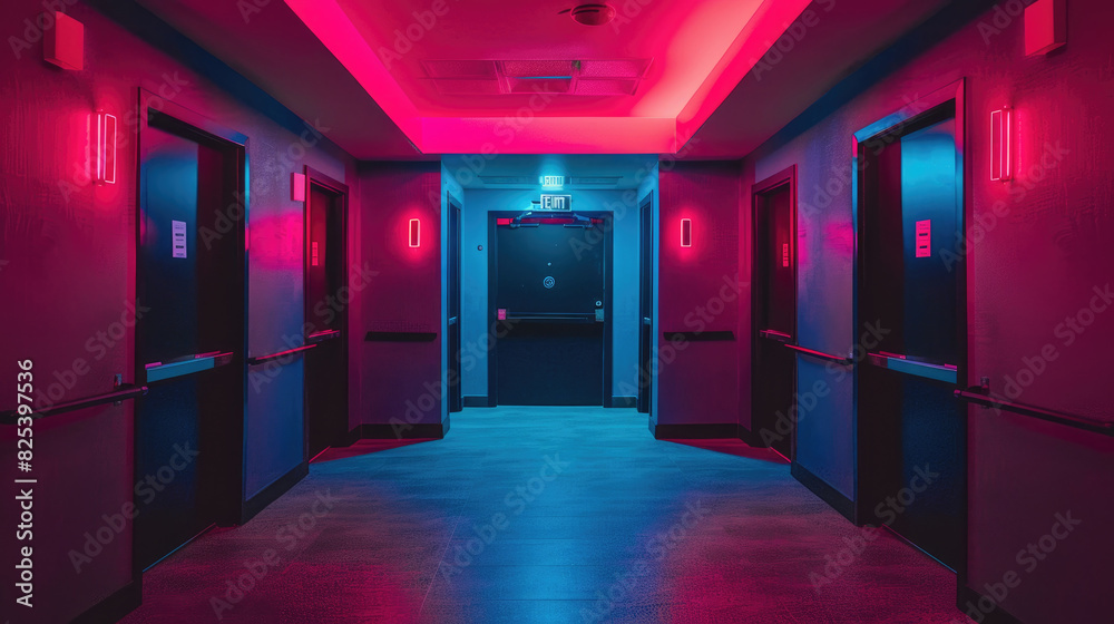 A lengthy corridor glows with alternating red and blue lighting, creating a striking visual effect in the enclosed space
