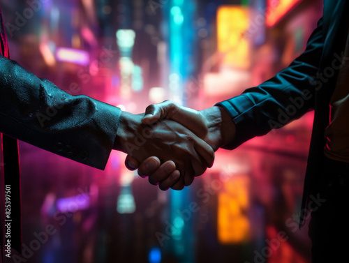 Image focusing on a handshake against a backdrop of a blurred neon cityscape. Bathed in a neon glow that reflects the vibrant, futuristic environment, enhancing the visual impact and modern aesthetic.