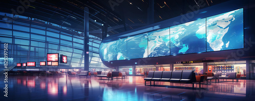 Modern airport terminal with futuristic design, large world map display, and empty seating area illuminated by soft blue lights at night.