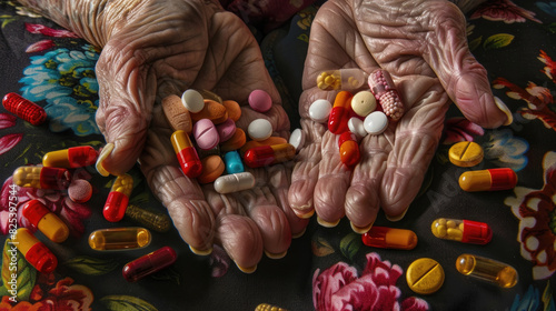 Two hands holding prescription pills and over-the-counter medication photo