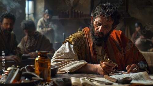 Matthew at a table, surrounded by tax collectorâs tools, symbolizing his transition from tax collector to disciple, apostles of Jesus Christ, natural light, soft shadows, blurred b
