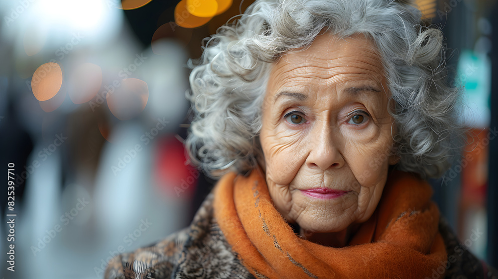 Close-up portrait of an elderly woman with gray hair and a kind expression, wearing a warm orange scarf. Close-up portrait of an elderly woman with gray hair and a kind expression, wearing a warm orange scarf.