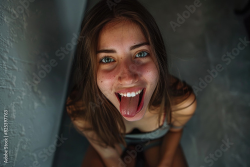 A woman with a surprised expression, mouth agape, eyes wide open in astonishment photo