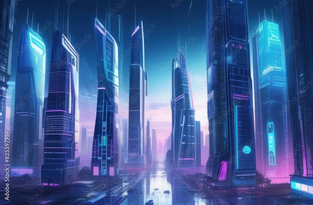 drawn futuristic city skyscrapers