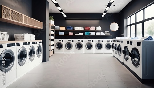 Modern laundry shop interior with counter and washing machines created with generative ai	