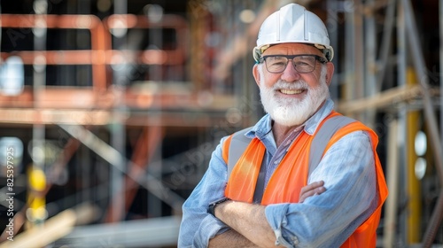older owner engineer with beard mustache on face standing smile with his arms crossed at construction factory site
