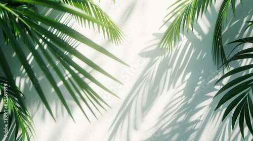 Palm leaf shadows on white wall  Background for product advertisement  Summer tropical travel beach with minimal concept  Banner with copy space  generative ai