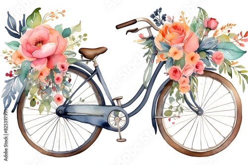 Watercolor Boho clipart of a whimsical bicycle adorned with flowers. photo