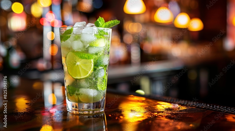 Refreshing Mojito Cocktail on Vibrant Bar Counter Refreshing Mojito Cocktail on Vibrant Bar Counter