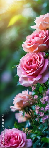 A vertical banner. A bouquet of roses intertwined with asters  against a background of lush green foliage.