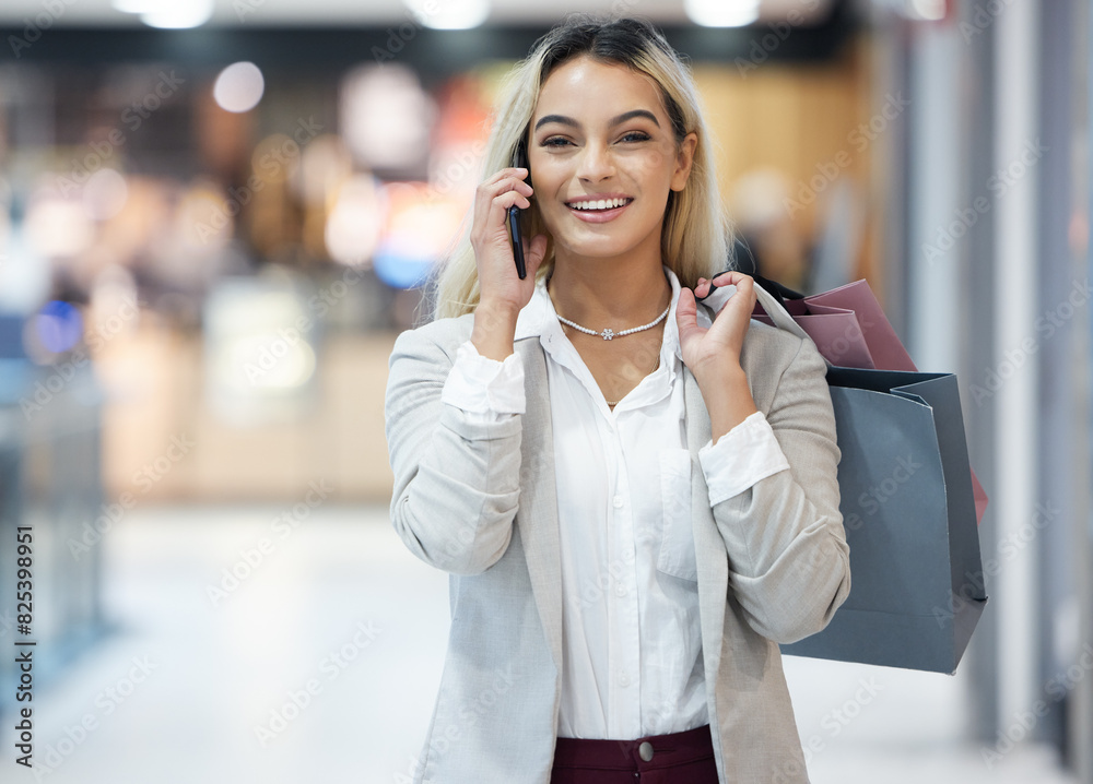 Woman, portrait and phone call in shopping mall with bags for clothes purchase, customer service or review. Female person, face and smile at retail boutique for fashion apparel, talking or promotion Woman, portrait and phone call in shopping mall with bags for clothes purchase, customer service or review. Female person, face and smile at retail boutique for fashion apparel, talking or promotion