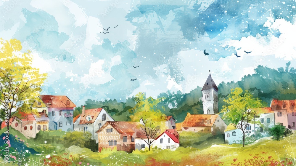 Travel illustration. Panorama of the town. Art, minimalism, romanticism, watercolors, pastels. Generative AI.
