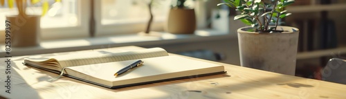 Laptop, notebook, pen, plant, desk, work, office, technology, writing