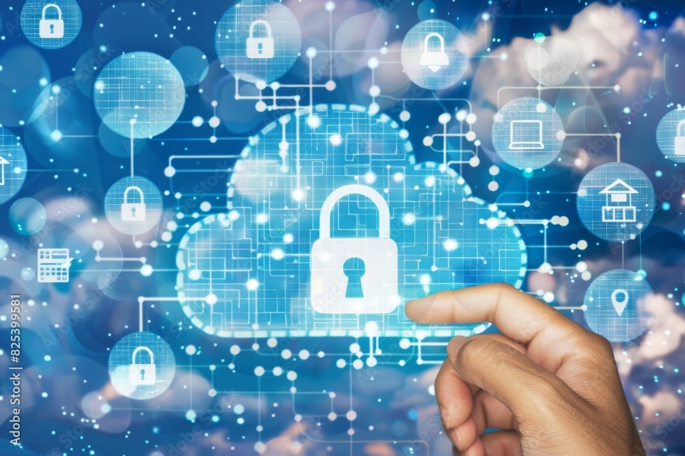 Innovative cloud security with advanced data encryption and secure network connections, illustrated with blue and orange elements and a tech themed design Innovative cloud security with advanced data encryption and secure network connections, illustrated with blue and orange elements and a tech themed design