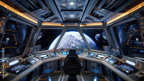 The modern, elegant spacecraft command center impresses with its minimalist design and futuristic technologies. Panoramic windows open views of endless space.