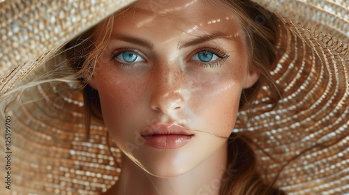 The portrait shows a woman with extremely expressive blue eyes that attract attention and hypnotize. The large straw hat she wears adds style and elegance to her look. photo