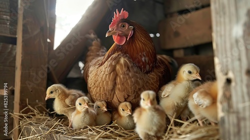 A mother hen watches over her chicks in a cozy wooden coop filled with straw photo