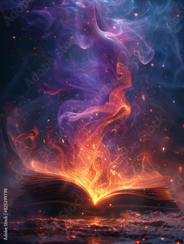 An open mystical book, with purple and futuristic colors, fantasy style