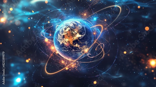 Digital illustration of Earth with glowing orbits and particles