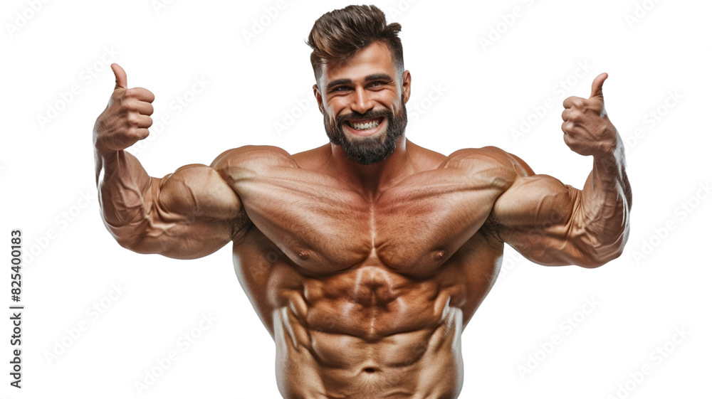 Portrait of body builder showing like thumbs up standing isolated on transparent png background. Strong male naked torso abs. Male flexing his muscles.
Portrait of body builder showing like thumbs up standing isolated on transparent png background. Strong male naked torso abs. Male flexing his muscles.