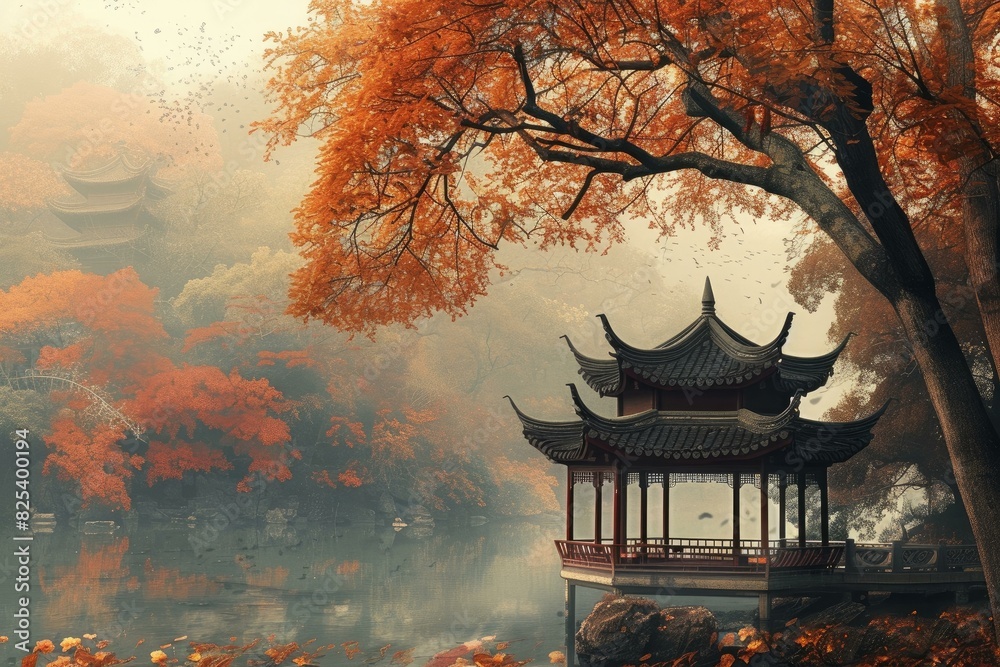 Obraz premium Tranquil autumn scene with a traditional temple on a misty lake surrounded by vibrant foliage