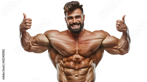 Portrait of body builder showing like thumbs up standing isolated on transparent png background. Strong male naked torso abs. Male flexing his muscles.
 photo