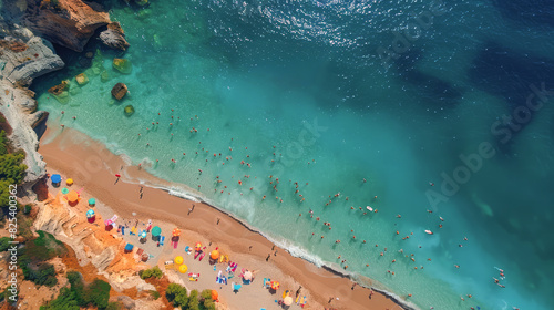 Aerial view of a vibrant beach scene with colorful umbrellas, sunbathers, and swimmers in turquoise waters on a sunny day. 