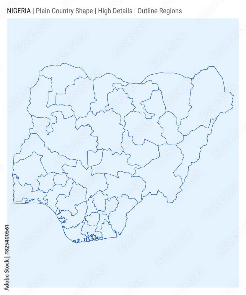 Nigeria plain country map. High Details. Outline Regions style. Shape of Nigeria. Vector illustration.