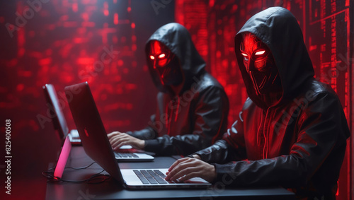 Two masked hackers at work in a red room