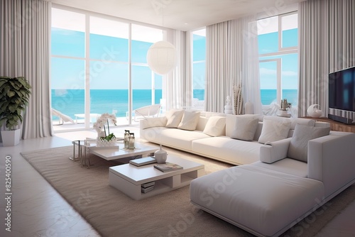 Create a beachy modern living room with a whiterectangle sofa and coastal-themed decor.