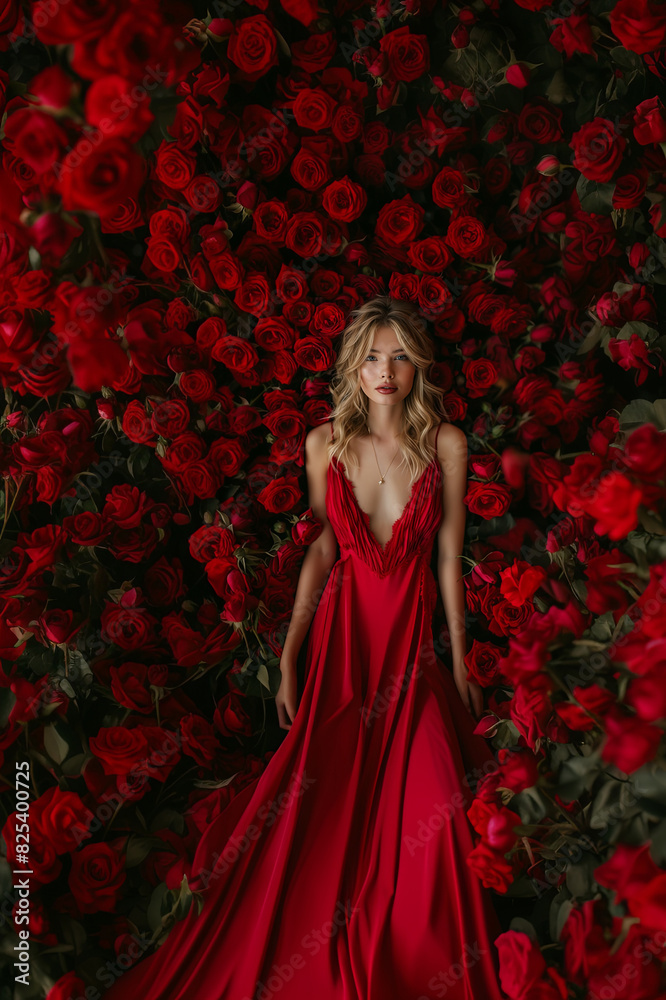 A beautiful lady surrounded by red roses