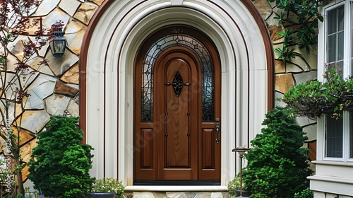 Traditional Walnut Brown Door with Arched Top and Stained Glass Insets