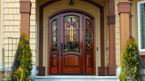 Traditional Walnut Brown Door with Arched Top and Stained Glass Insets photo